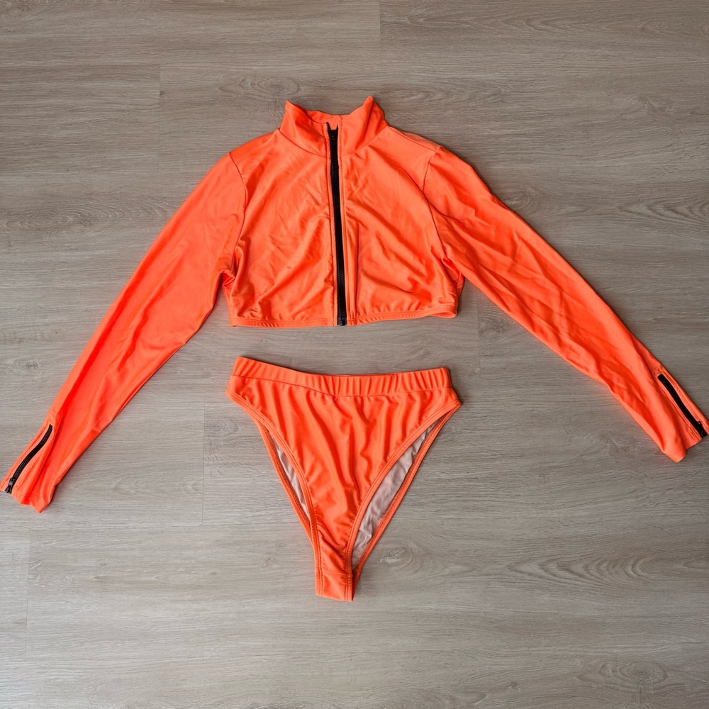 Neon Orange Zip-Front Long Sleeve Bikini Set Women's size XL